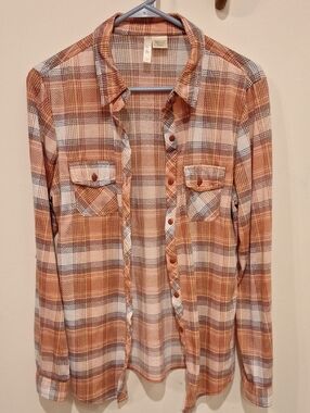 Bella D. Peach Plaid Button Down Flannel